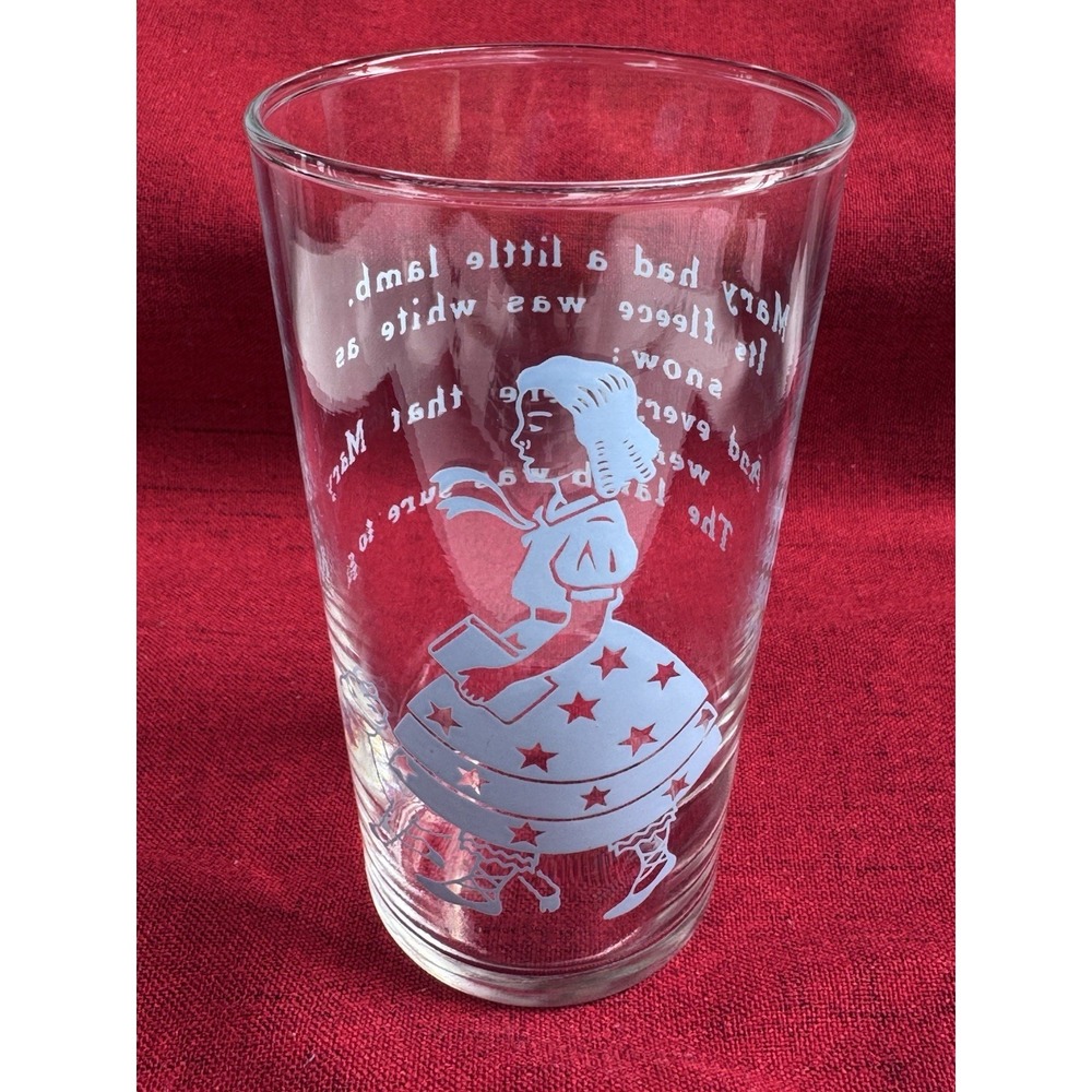 Vintage MARY HAD A LITTLE Glass Tumbler Clear w/Blue Lettering Nursery Rhyme